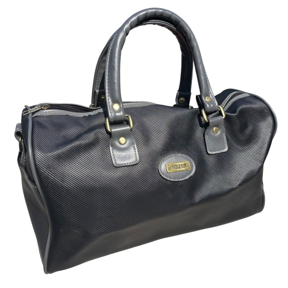 Jaguar Vintage Duffel Bag Black Grey Ribbed Textured Weekend Travel Carry On Bag
